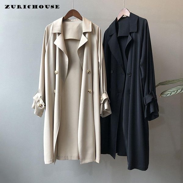 

women's trench coats zurichouse korean style casual coat lapel loose long overcoat autumn fashion double-breasted windbreaker femme, Tan;black