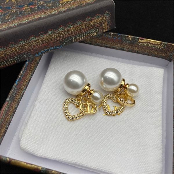 

2022 factory online sale family new love full diamond pearl earrings women's light luxury letters silver needle earrings, Golden