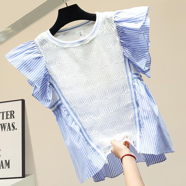 

women's blouses & shirts hollow out round neck asymmetrical stitching slim sweet ruffles shirt woman 2021 chiffon lace lady blouse blus, White