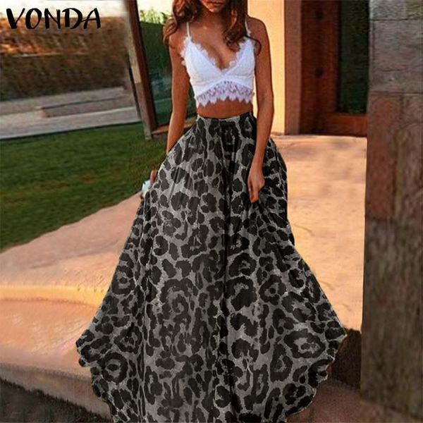 

skirts plus size vonda women' skirt 2021 long maxi leopard printed pleated summer leisure party night club ladies, Black