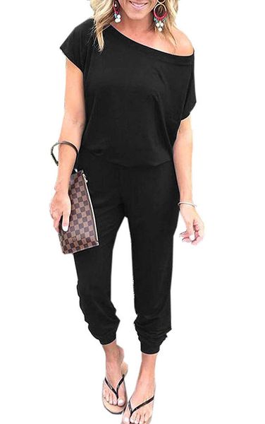 

star model 2021 new fashion loose shoulder casual solid color jumpsuit, Black;pink