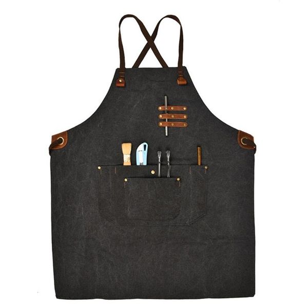 

denim work apron multifunction tool aprons with 5 pockets for men barber chefs waiter back cross workshop