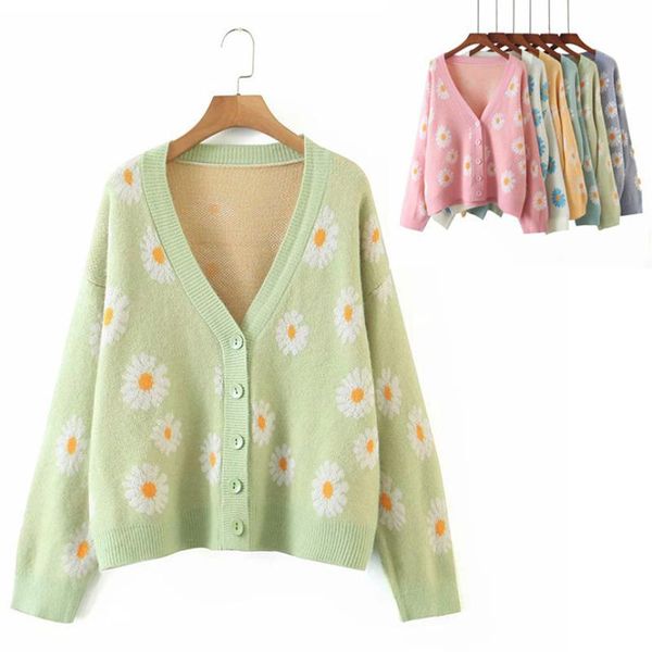 

women's knits & tees sweet cardigan women sweater loose knit sweaters coat casual outwear daisy floral long sleeve sueter de mujer, White