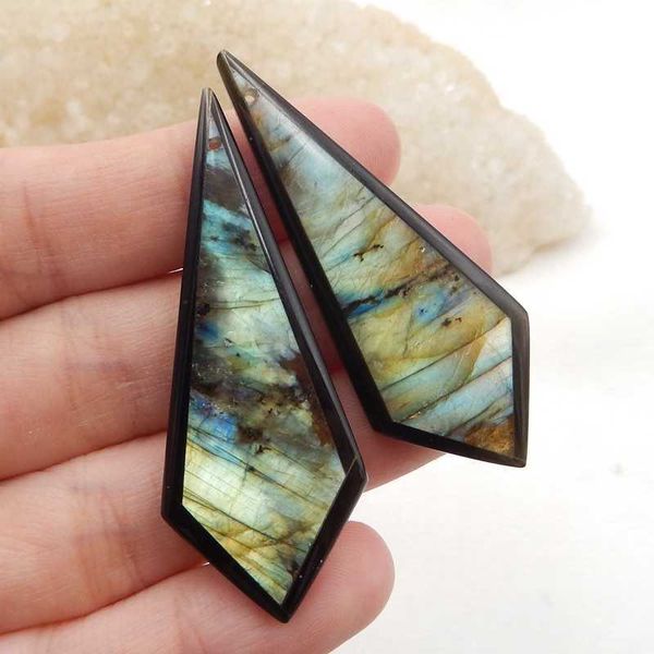 Labradorite de pedras preciosas naturais com obsidian Intersia moda mulher brincos grânulos para jóias fazendo 51x20x4mm11,9g h1015