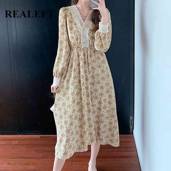 

vintage floral printed women's dress lace patchwork v neck straight chic female a-line midi spring summer 210428, Black;gray