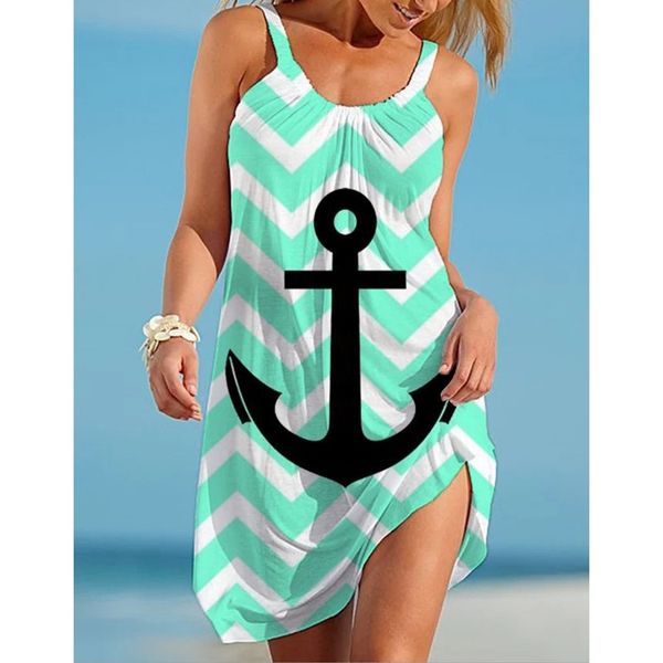 

small fish hook women s long-sleeved round neck tie new style 3d printing loose summer beach seabed animal ocs sling sleeveless casual dress, Black;gray