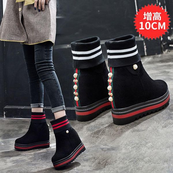 

boots short women 2021 style slimming socks platform wedges heels 10cm large size 42 winter, Black