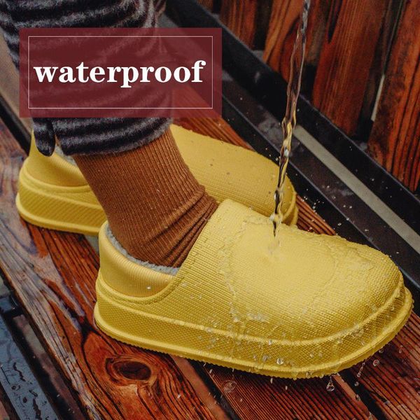 

waterproof house slippers women candy color platform home slides fashion winter warm plush outdoor yellow flats indoor shoes, Black