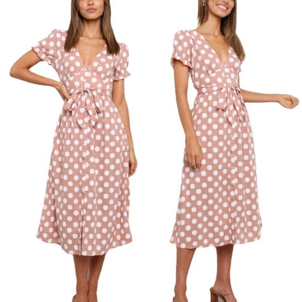 

charming dresses 2021 summer mid long with ruffle sleeve and polka dot tie, Black;gray