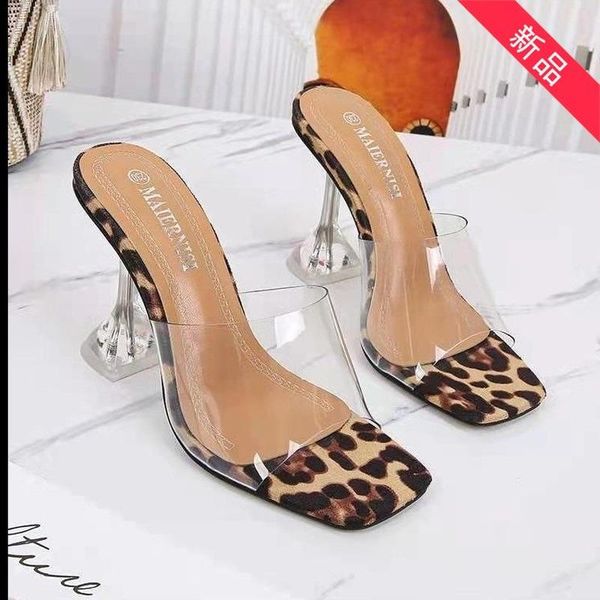 

sandals summer large-heeled leopard print transparent belt crystal fashion high-heeled, Black