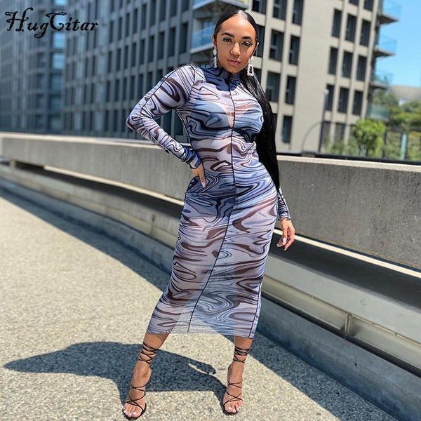 

hugitar 2021 vintage print long sleeve mesh see-through maxi dress autumn winter women fashion streetwear outfits club wear casual dres, Black;gray