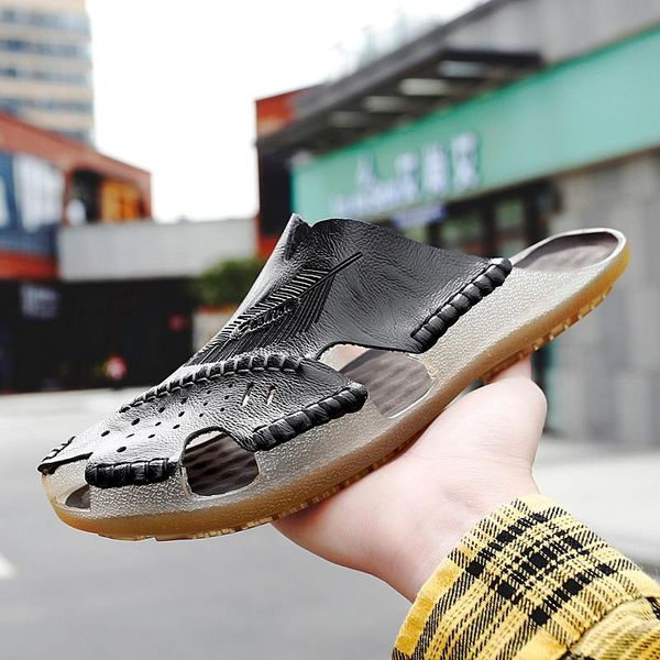 

slippers fashion cow leather mens summer beach casual shoes male water sneakers flip flops indoor outdoor flats walking footwear, Black