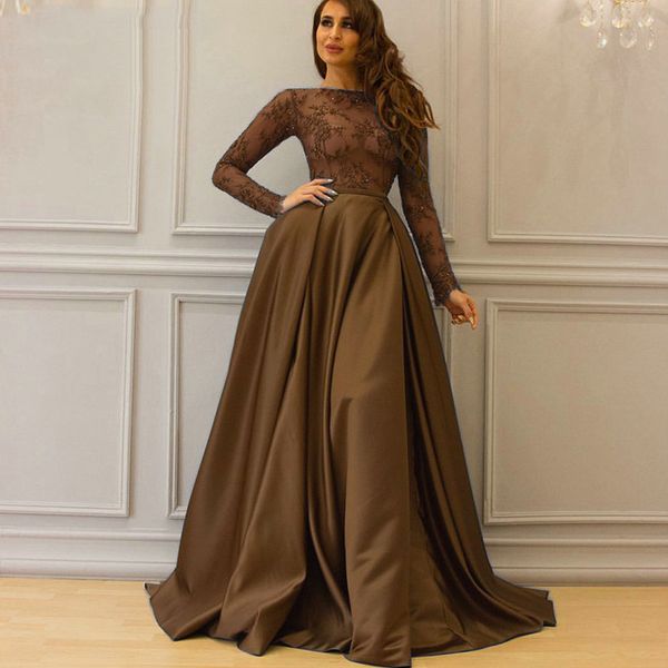 Árabe Brown mangas compridas vestidos de noite formal com overskirt illusion bodice Sexy pageant vestidos para as mulheres uma linha apliques vestido de baile de renda