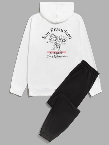 

men floral print drawstring hoodie & sweatpants set b6lz#, Gray