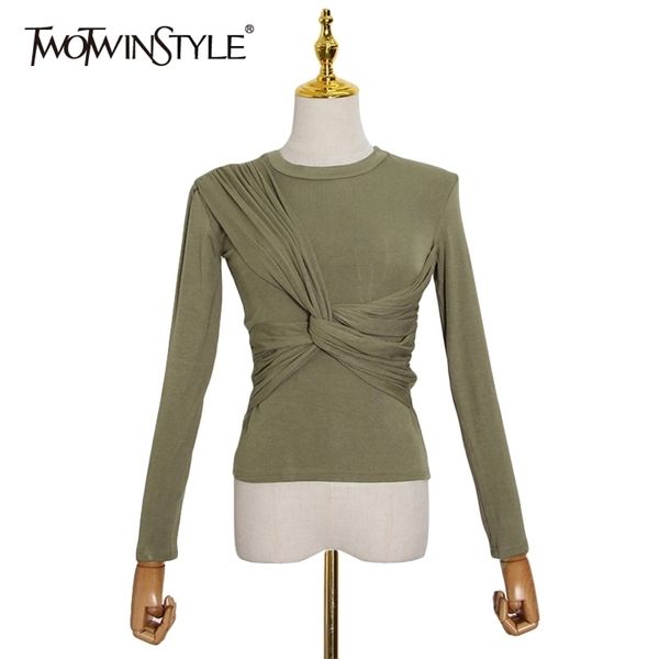 

twotwinstyle casual black t shirt for women o neck long sleeve cross ruched slim knitted female fall fashion new tide 210324, White
