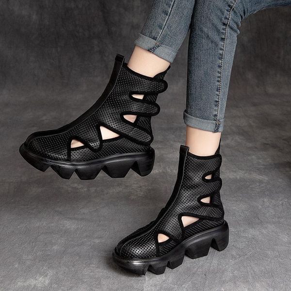 

boots summer hollow high-women's sandals fashion soft wear-resistant slope-heeled platform retro cow leather, Black