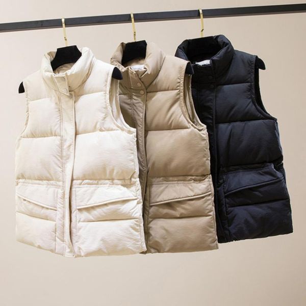 

women's vests solid short style vest for women cotton padded winter sleeveless jacket with zipper stand collar casual coats, Black;white