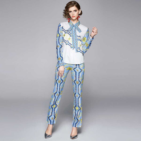 

nrj-6f-613-b-7288 runway sets spring women blouse + pants suit 210706, White