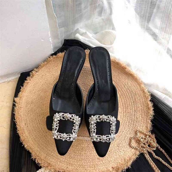 

80% off shoes women slippers crystal slip-on genuine leather thin heels ladies sandals comfort pumps outside middle, Black