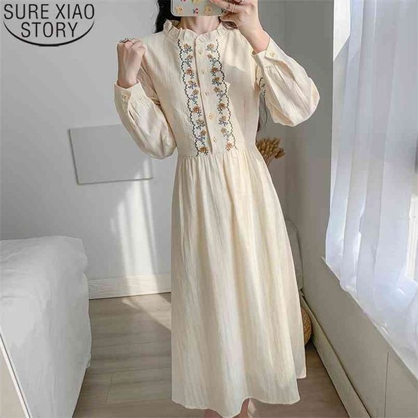 

vintage floral embroidery dress women spring long sleeve apricot es high waist vestido de mujer button 12918 210506, Black;gray
