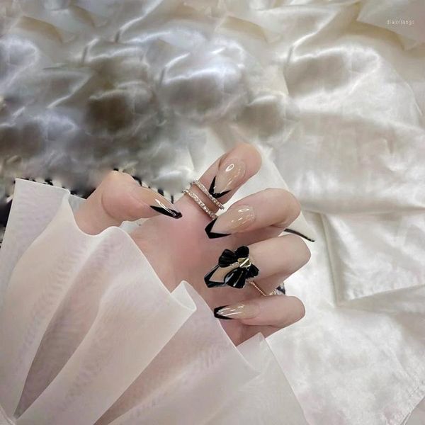 

24pcs black french false nails detachable wearable fake press on full cover artificial nail tips manicure tool1, Red;gold