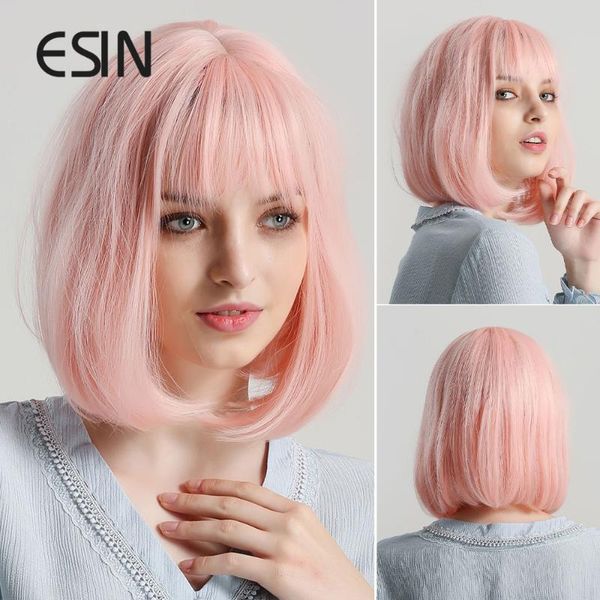 

synthetic wigs esin flat bangs women wig ombre with highlight short straight hair bob cosplay hairstyle, Black