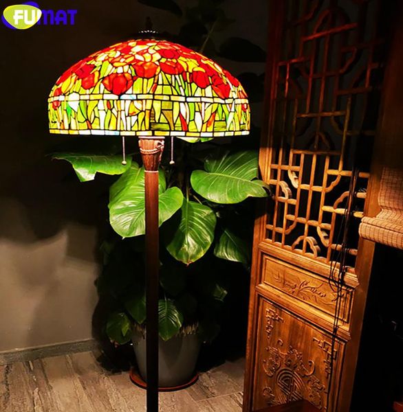

tulip flower stained glass tiffany style antique floor lamps red green leaves shade copper mosaic frame decor art lights