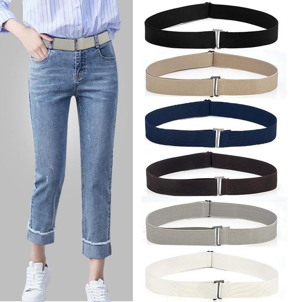 

belts adjustable size elastic band stretch waist flat buckle women men solid color soft invisible jeans pant belt, Black;brown