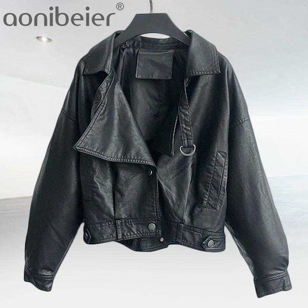 

loose pu leather batwing sleeve vintage jacket street casual outwear ladies biker coat multicolor 210604, Black