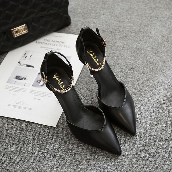 

womens shoes pointed high heels stiletto small size one-word buckle sandals large size 1, Black