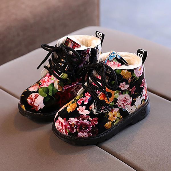 

winter children kids plush warm snow boots for toddler baby girls floral print waterproof cotton shoes snowboots, Black;grey