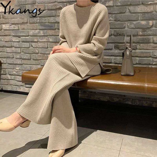 

black knitted two-piece suits winter women's thicken warm pullover sweater+high waist loose wide leg pants set fashion blue 210619, White