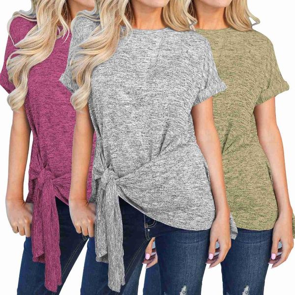 

women's t-shirt round neck solid color irregular short sleeve top, White