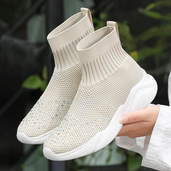 

socks shoes women's spring 2021 flying weaving breathable tide mesh high help elastic winter sports leisure boots, Black