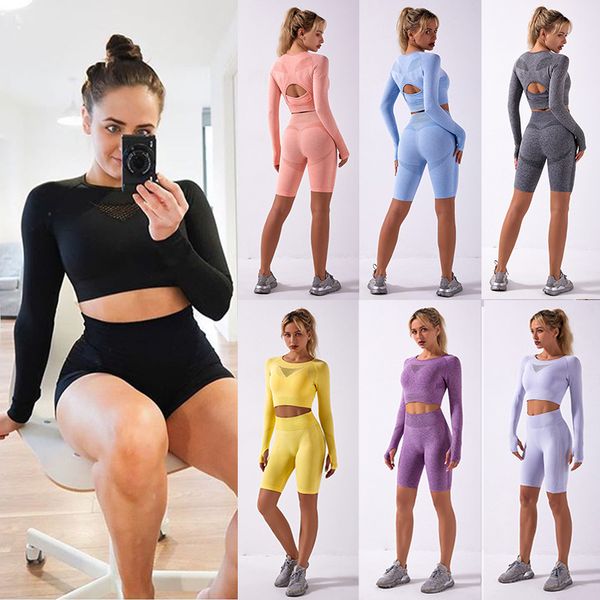 

2021 new yoga suit tight sports shorts fitness long sleeve women's summer, Gray