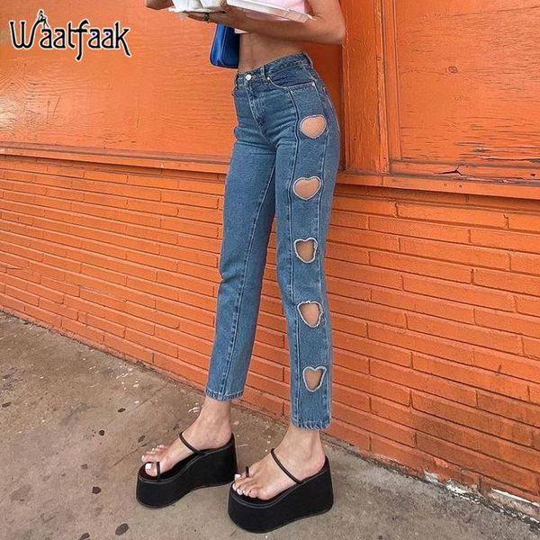 

women's jeans waatfaak heart cut out straight leg vintage street cargo pants denim blue pockets harajuku low waist skinny women
