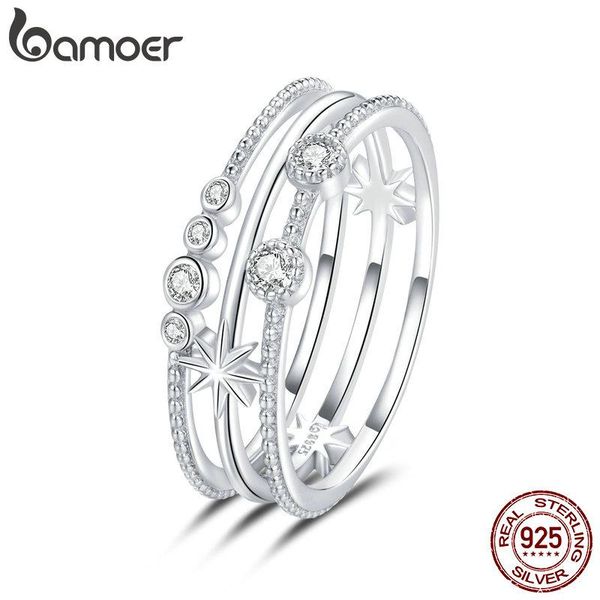 

bamoer 925 sterling silver cz shining star finger rings for women woman wedding ring size korean style fine jewelry bsr156 cluster, Golden;silver