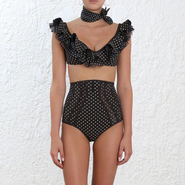

arrival bikinis women black swimwear mesh high waist ruffle swimsuit two piece polka dot swim wear two-piece suits