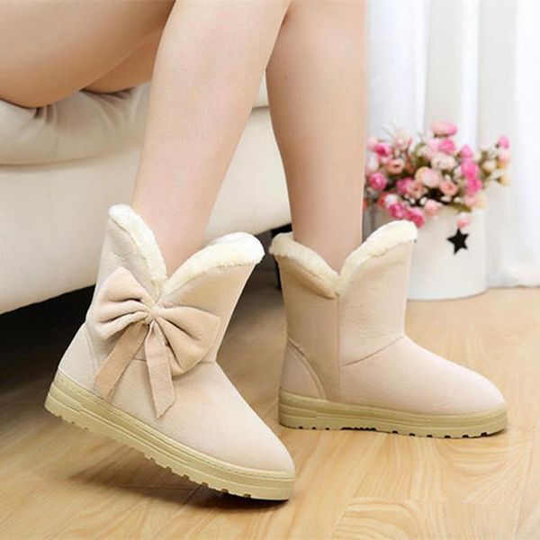 

boots women snow warm winter casual fur ankle shoesfemale bowtie non slip plush suede rubber flat on fashion ladies, Black