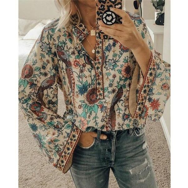 

women's blouses & shirts long sleeve ethnic 2021 spring floral printed shirt for women stand collar loose and chemise femme, White