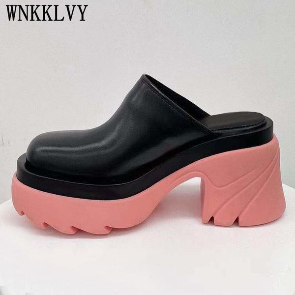 

slippers real leather half women's summer high heel platform sandals single lazy loafers round toe casual mules 2021, Black