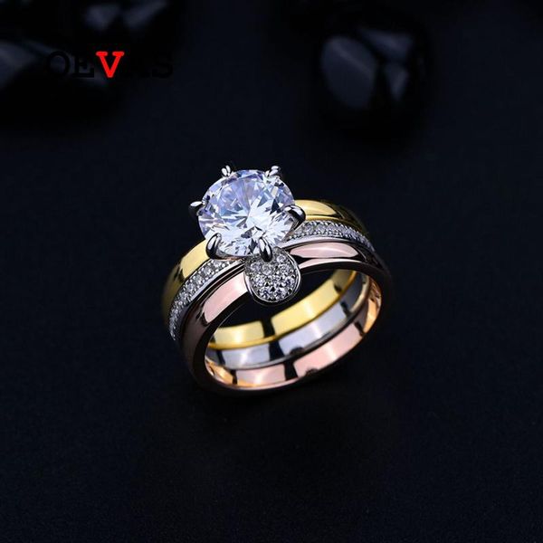 

cluster rings oevas 100% 925 sterling silver 8mm high carbon diamond set for women sparkling wedding party fine jewelry wholesale gift, Golden;silver