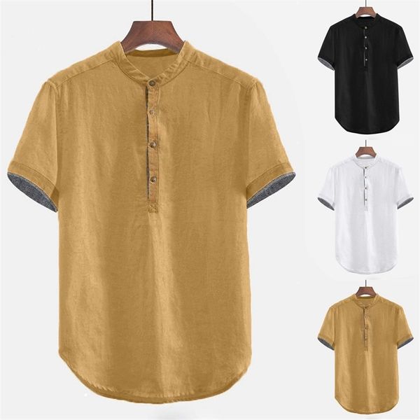 Männer Baggy Solide Baumwolle Leinen Kurzarm Button Plus Größe T-shirt Tops Bluse Mode Druck Hemden Für Männer 210707