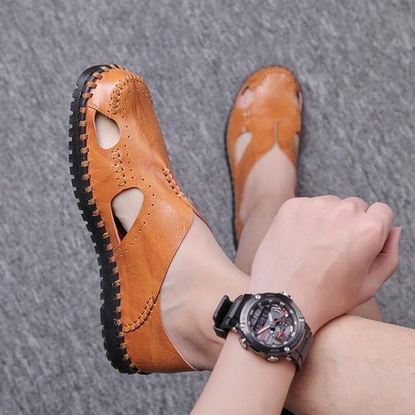 

sandals men's genuine leather man outdoor summer handmade men slippers casual beach breathable sneakers big size 48, Black