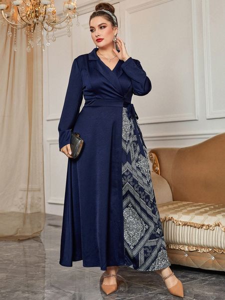 

plus paisley print lapel neck tie side pleated hem wrap dress 081p#, Black