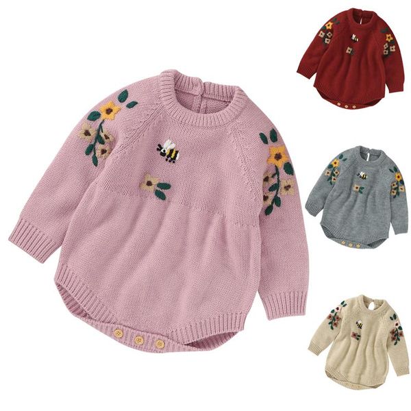 

rompers infant baby girls floral embroidery knitting jumpsuit spring autumn clothes toddler girl long sleeve romper, Blue