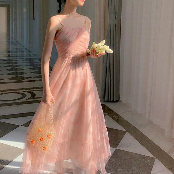 

french fairy dress women pink lace chiffon sleeveless casual summer korean style elegant vintage retro midi 2021 dresses, Black;gray