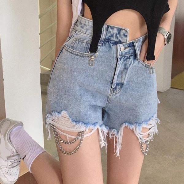 

women's shorts lucyever streetwear irregular high waist denim for women 2021 tassels chain jean woman korean loose short, White;black
