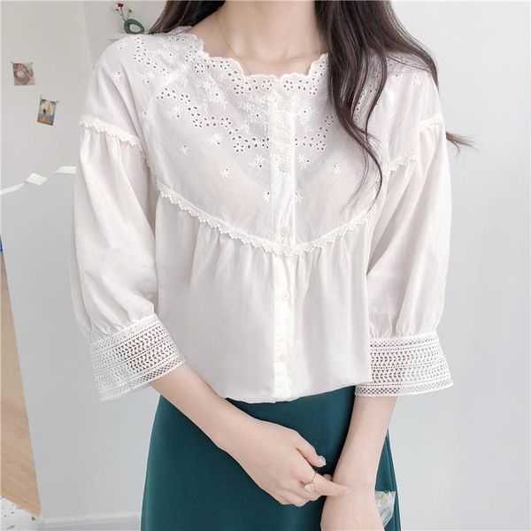 

women's blouses & shirts lamtrip unique hollow out embroidery v-neck cotton 3/4 sleeve white fairy shirt blouse kawaii 2021 summer