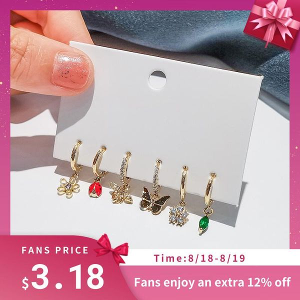 

hoop & huggie 6 pieces/set 925 sterling silver zircon insect flower butterfly earrings set for women shiny creative jewelry, Golden;silver